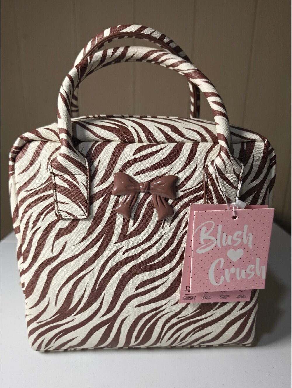 Blush Crush Insulated Zebra Print Tote Bag with Bow Accent